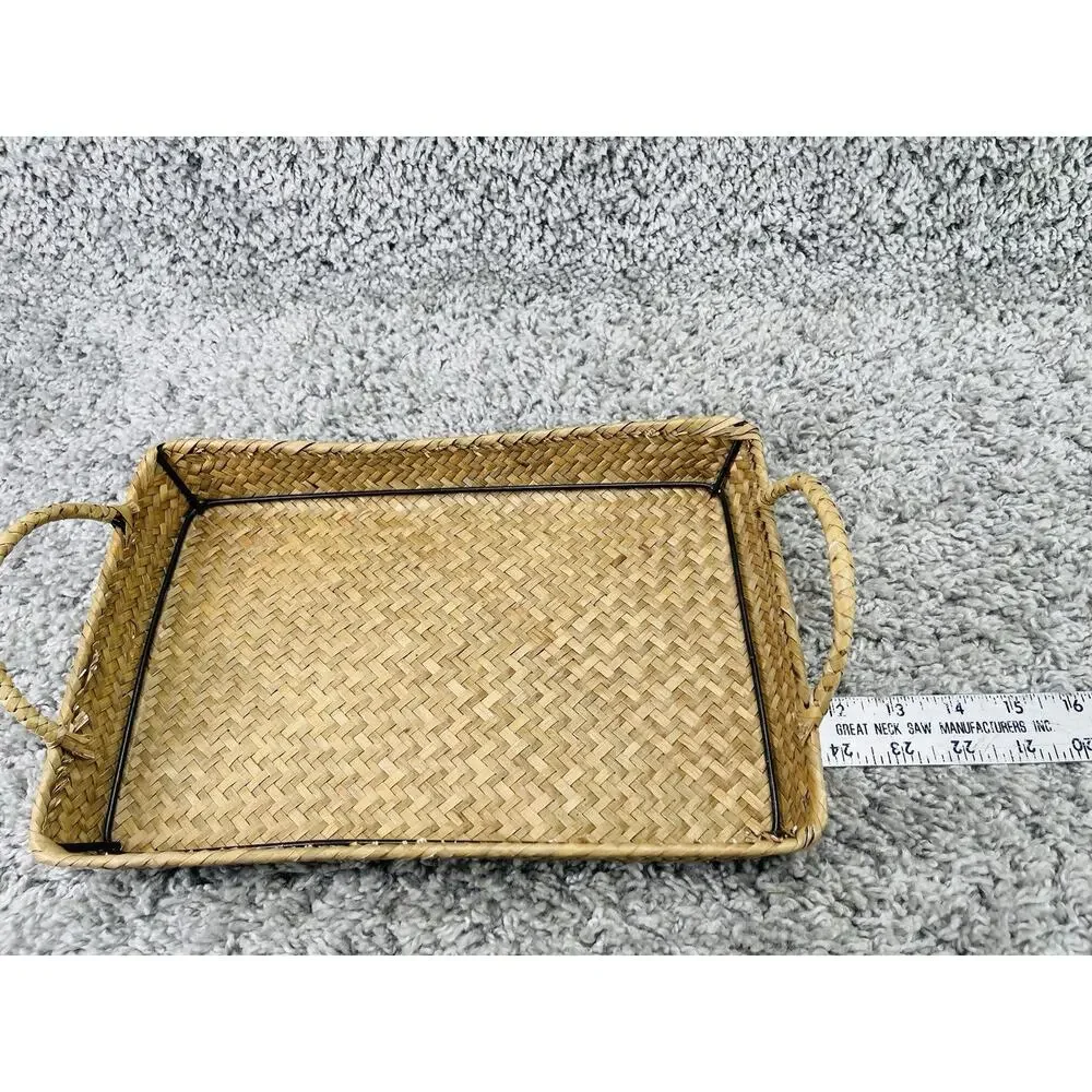 Rectangular Tray w/Handles Metal Frame Inside Weaved Basket Brown Home Decor